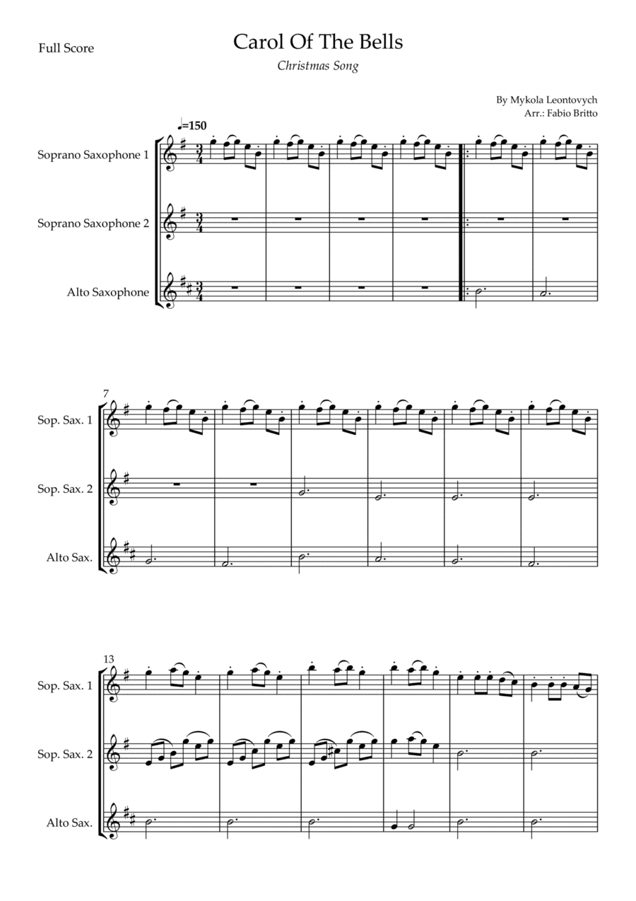 Carol Of The Bells (Christmas Song) for Saxophone Trio (D Minor) (arr. Fabio Britto)