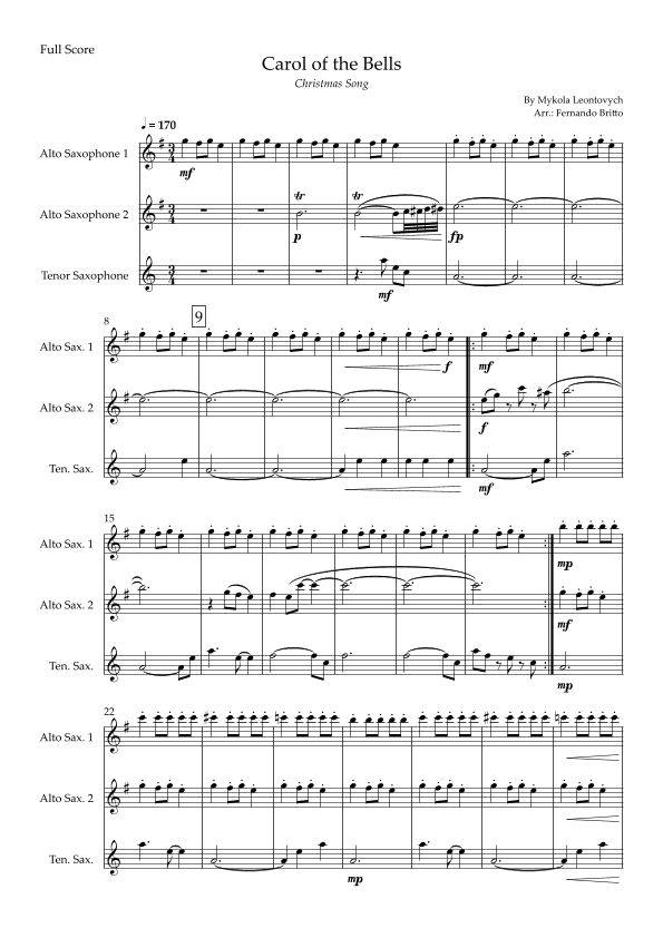 Carol of The Bells - Jazz Version (Christmas Song) for Saxophone Trio (arr. Fabio Britto)