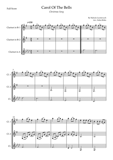 Carol Of The Bells (Christmas Song) for Clarinet Trio (D Minor) (arr. Fabio Britto)