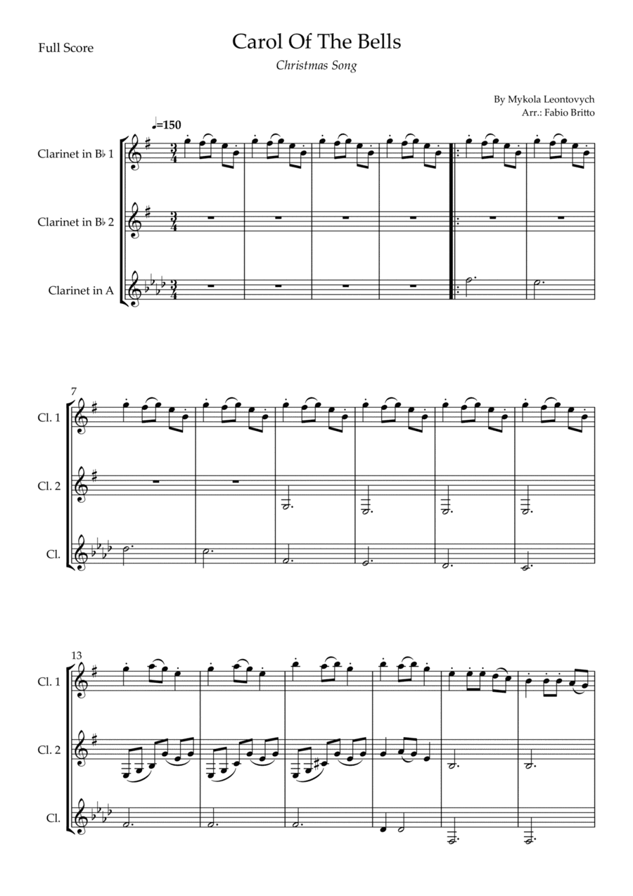 Carol Of The Bells (Christmas Song) for Clarinet Trio (D Minor) (arr. Fabio Britto)