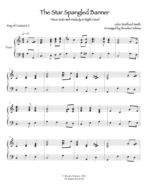 Star Spangled Banner for Solo Piano (Easy) Key of C (arr. Brooks Holmes)