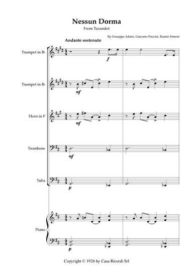 Nessun Dorma - Brass Quintet & Piano (arr. Karen Gueiros)