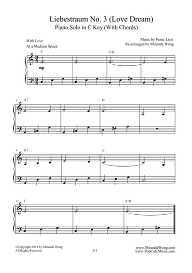 Liebestraum No.3 (Love Dream) - Romantic Easy Piano Music in C Key (arr. Miranda Wong)