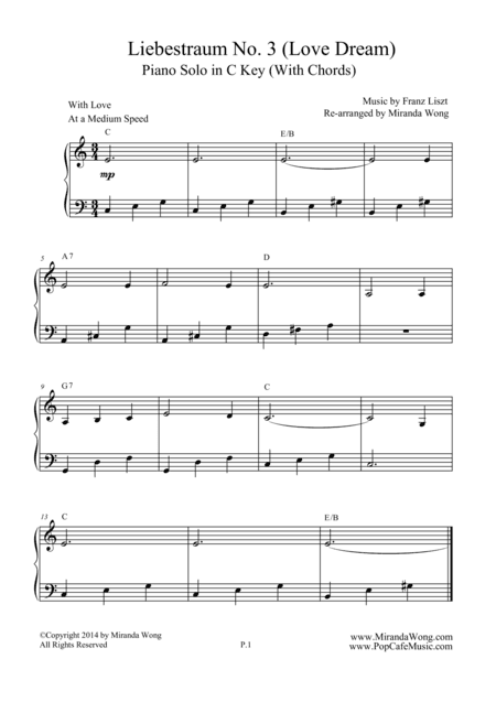 Liebestraum No.3 (Love Dream) - Romantic Easy Piano Music in C Key (arr. Miranda Wong)