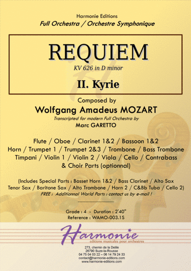MOZART - REQUIEM K. 626 - Kyrie - Full Orchestra - SCORE & PARTS (arr. Marc GARETTO)