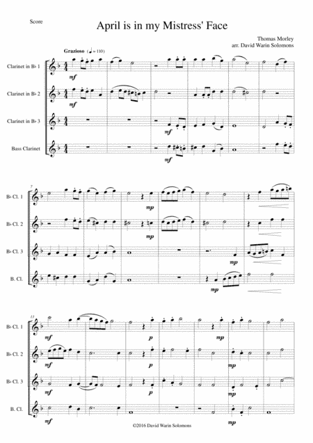 April is in my Mistress' Face for clarinet quartet (3 B flats and 1 bass) (arr. David Warin Solomons)