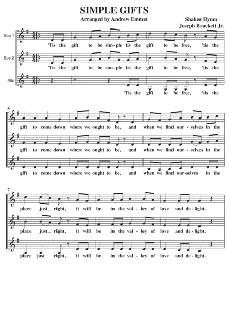 Simple Gifts A Cappella SSA (arr. Andrew Emmet)