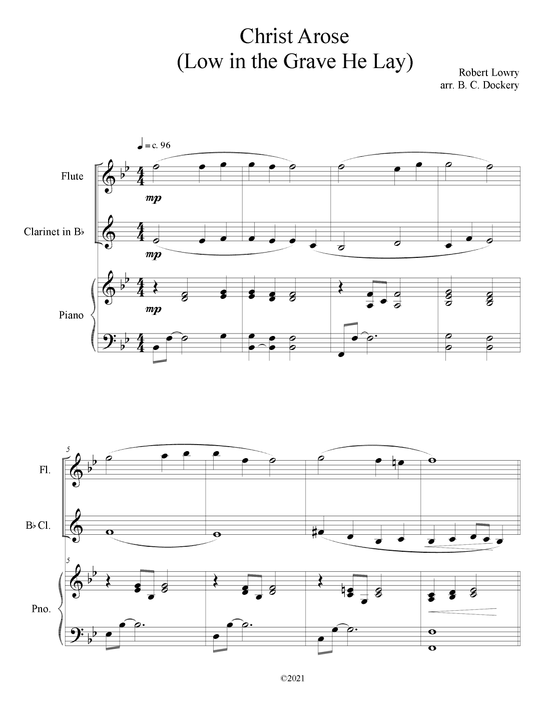 Christ Arose (Low in the Grave He Lay) for Flute and Clarinet Duet with Piano Accompaniment (arr. B. C. Dockery)