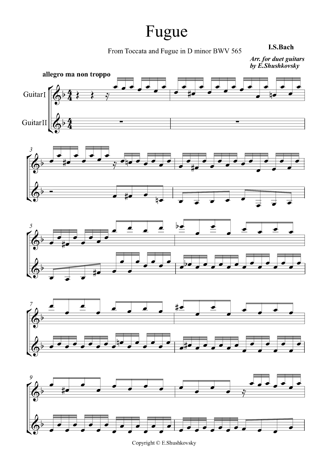 Fugue  (From  Toccata and Fugue in D minor BWV565) (arr. Evgeny Shushkovsky)