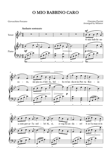 O Mio Babbino Caro | Male Voice Tenor | B-flat Major | Piano accompaniment | Pedal (arr. Milanov)