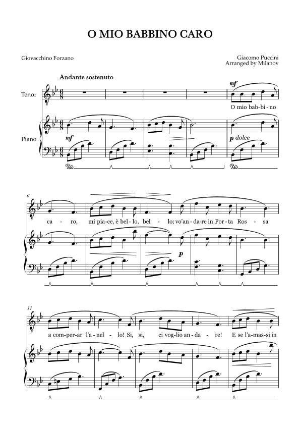 O Mio Babbino Caro | Male Voice Tenor | B-flat Major | Piano accompaniment | Pedal (arr. Milanov)