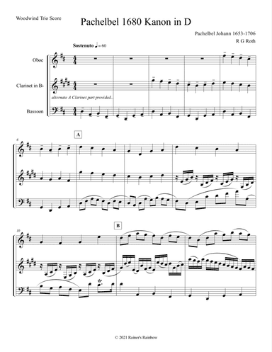 Pachelbel 1680 Canon in D Woodwind Trio Score & Parts