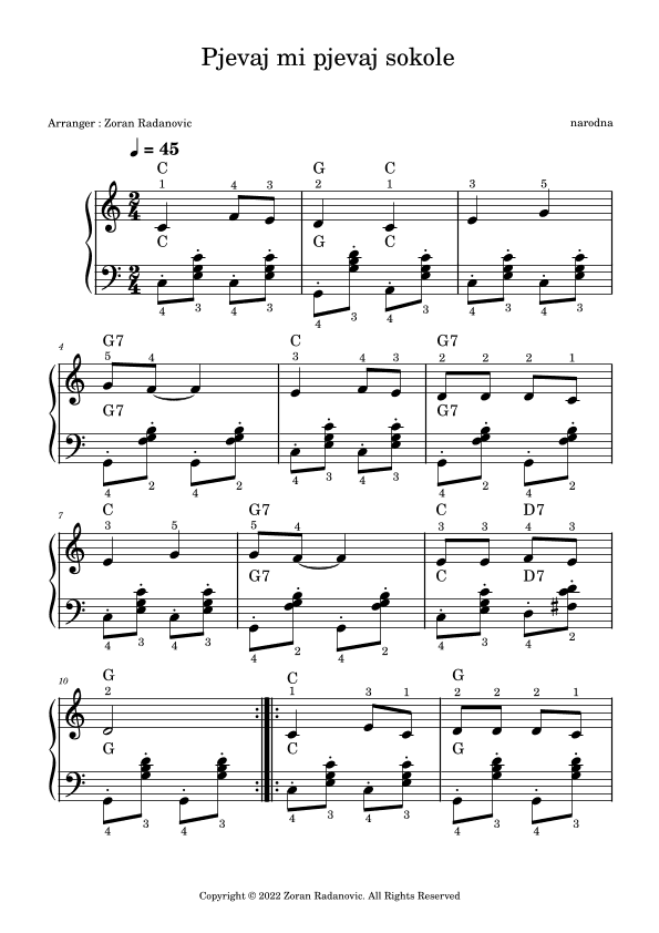 Pjevaj mi pjevaj sokole - C major - for accordion (arr. Zoran Radanovic)