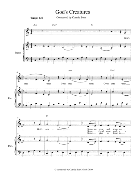 God's Creatures - kids song key of C - solo and piano