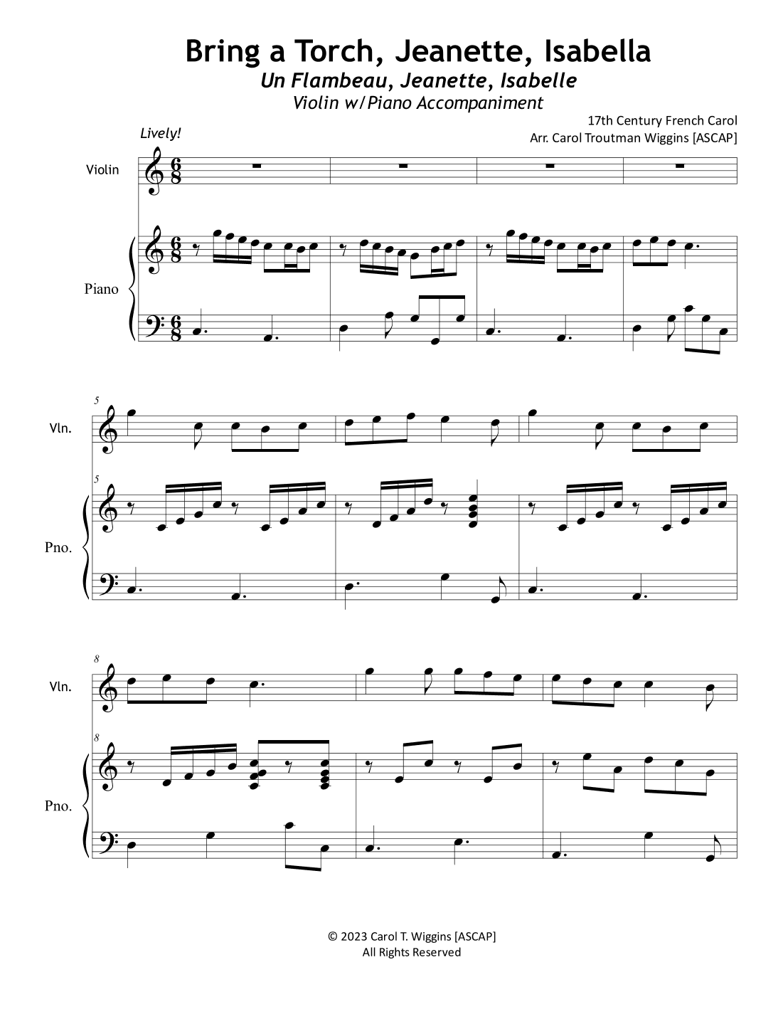 Bring a Torch, Jeanette, Isabelle (Violin w/Piano Accompaniment) (arr. Carol Troutman Wiggins)