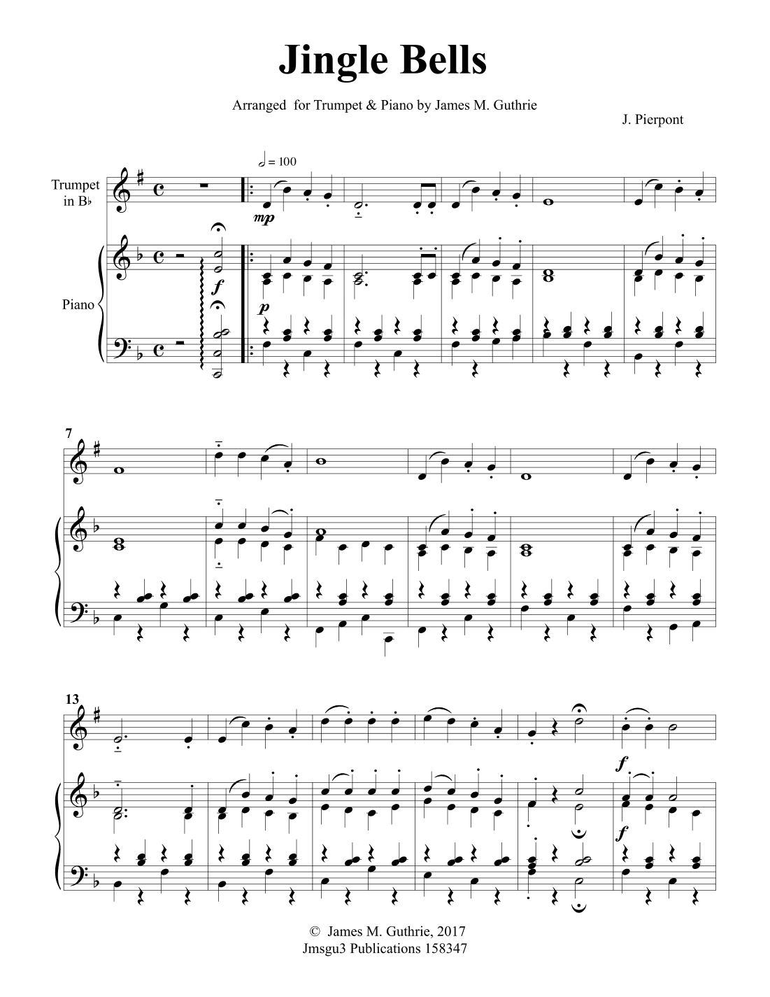 Jingle Bells for Trumpet & Piano (arr. James M. Guthrie, ASCAP)