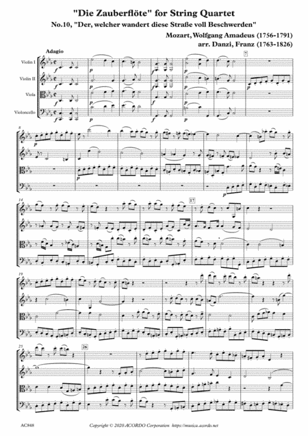 "Die Zauberflöte" for String Quartet, No.10, "Der, welcher wandert diese Straße voll Beschwerden" (arr. Danzi, Franz (1763-1826))