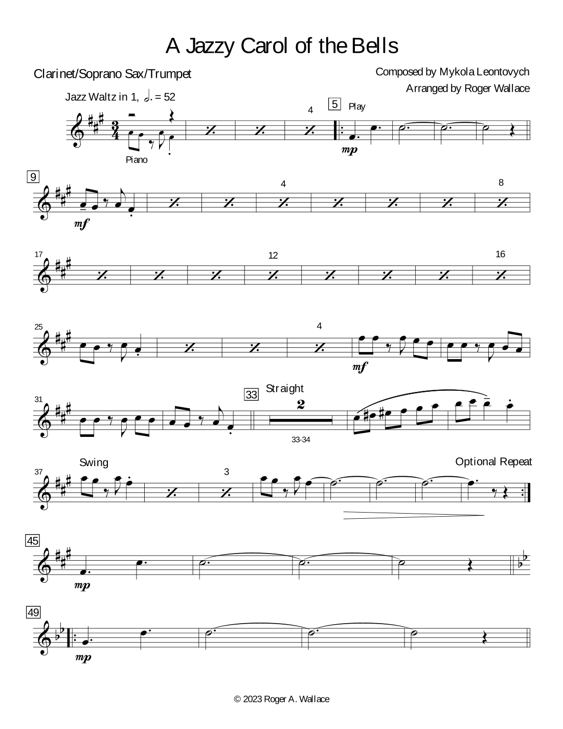 Carol of the Bells (Jazz Waltz for Clarinet & Piano) (arr. Roger Wallace)