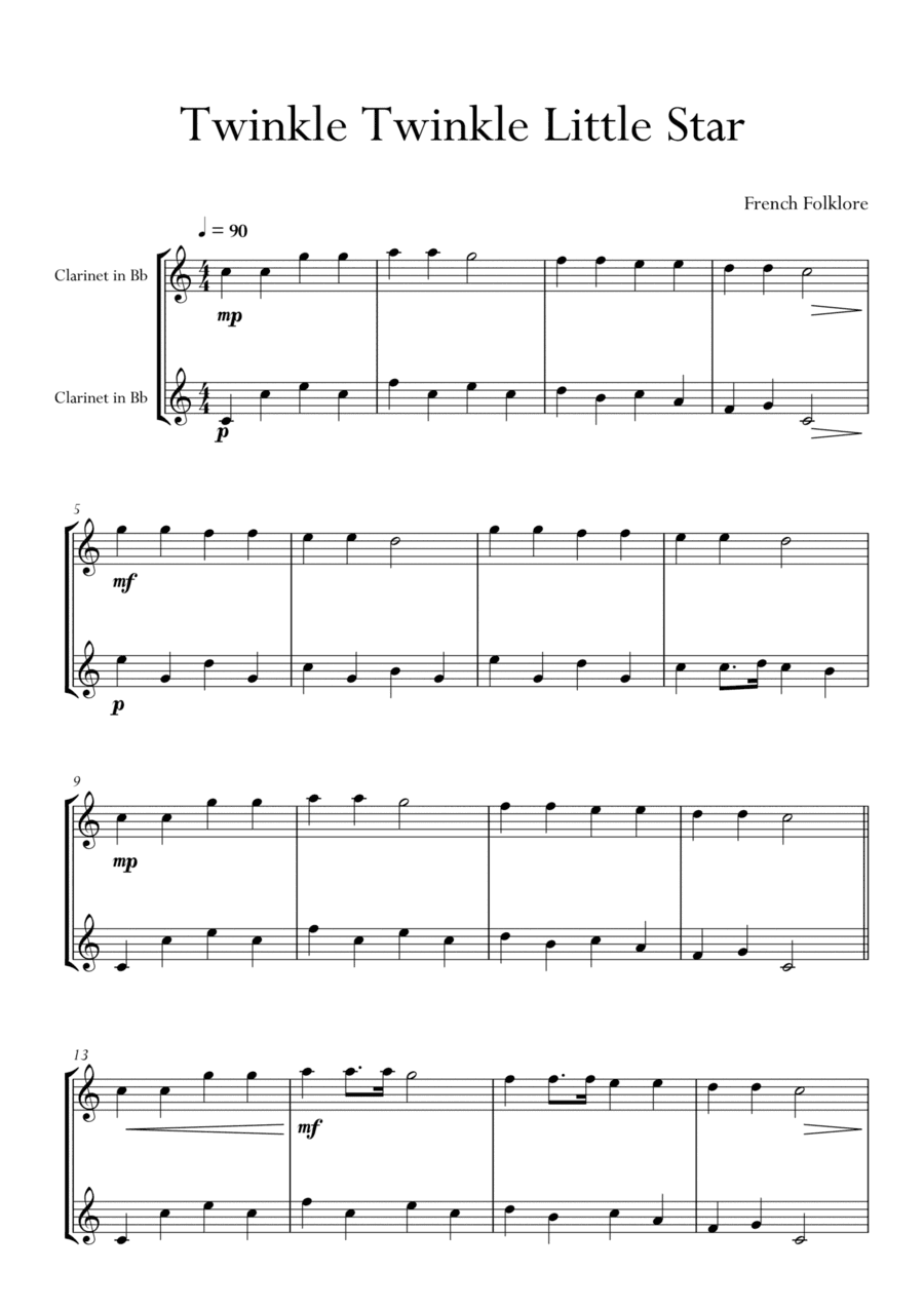 Twinkle Twinkle Little Star in Bb Major for Clarinet Duo. Easy version. (arr. Matheus Araújo)