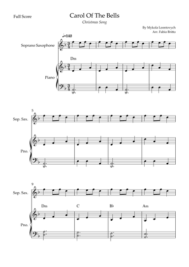 Carol Of The Bells (Christmas Song) for Soprano Saxophone Solo and Piano Accompaniment with Chords (arr. Fabio Britto)