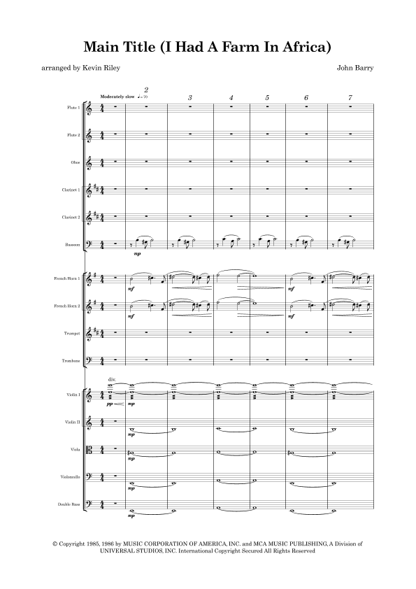 I Had A Farm In Africa (main Title) (arr. Kevin Riley)