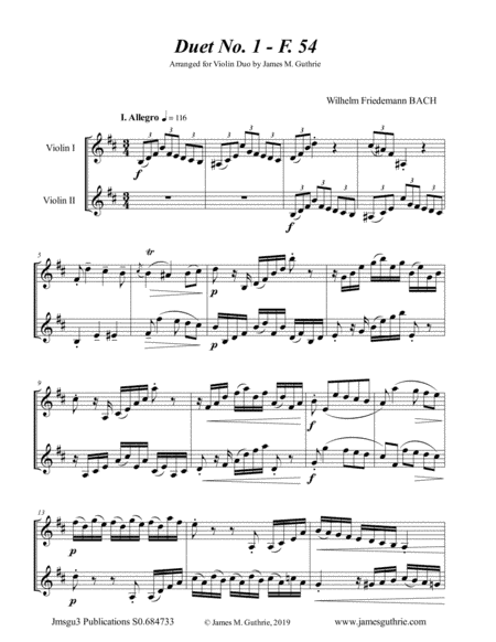 WF Bach: The Six Duets Complete for Violin Duo (arr. James M. Guthrie, ASCAP)