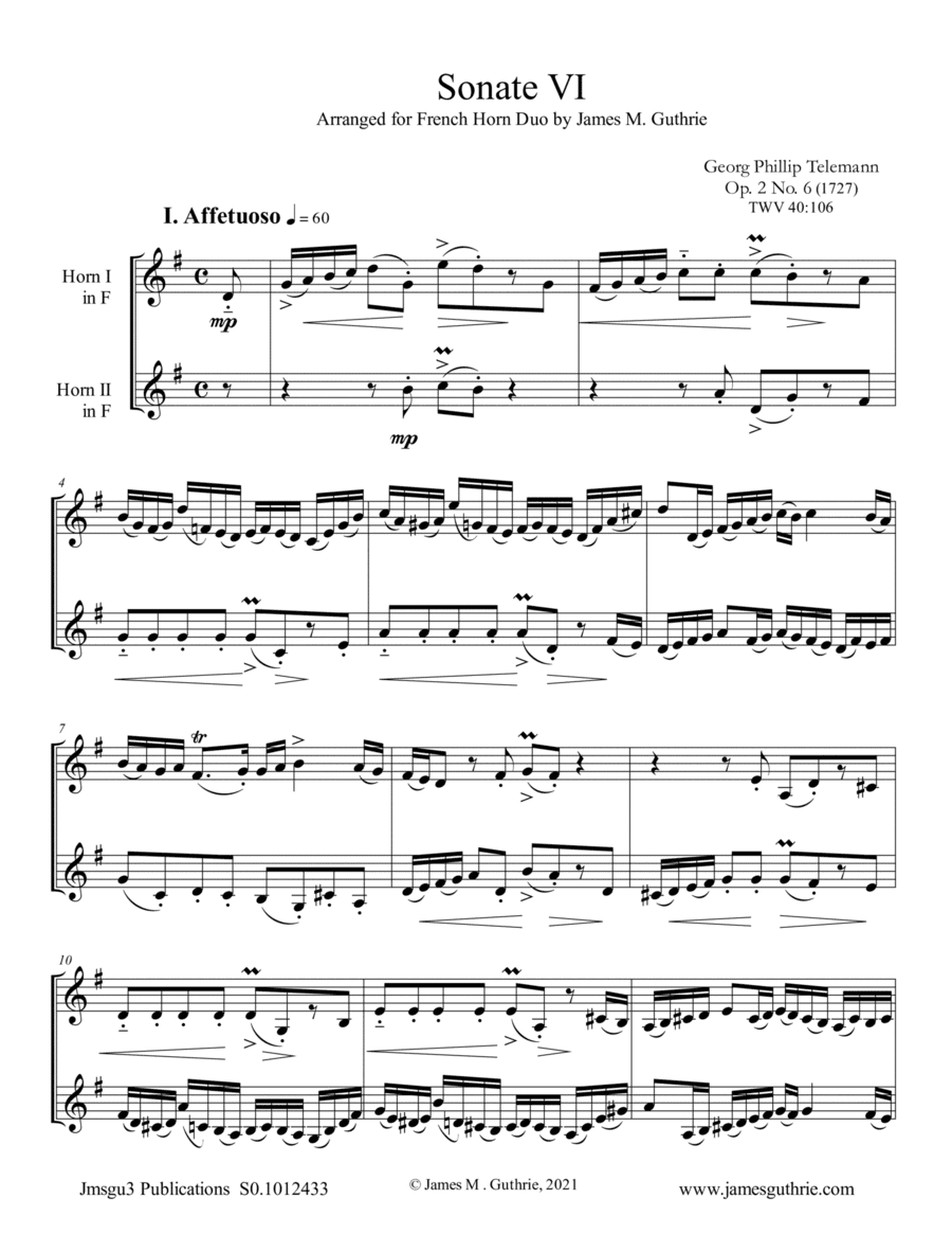 Telemann: Sonata Op. 2 No. 6 for French Horn Duo (arr. James M. Guthrie)