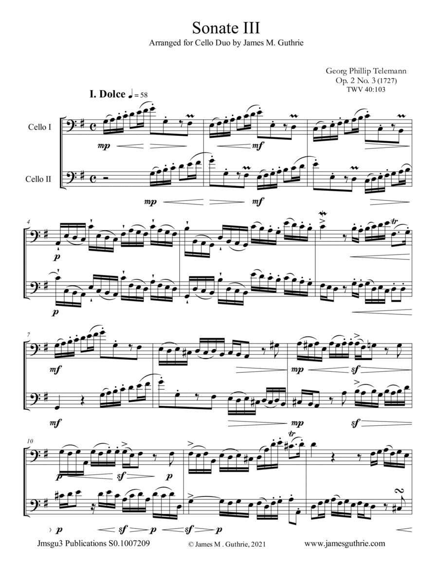 Telemann: Sonata Op. 2 No. 3 for Cello Duo (arr. James M. Guthrie)