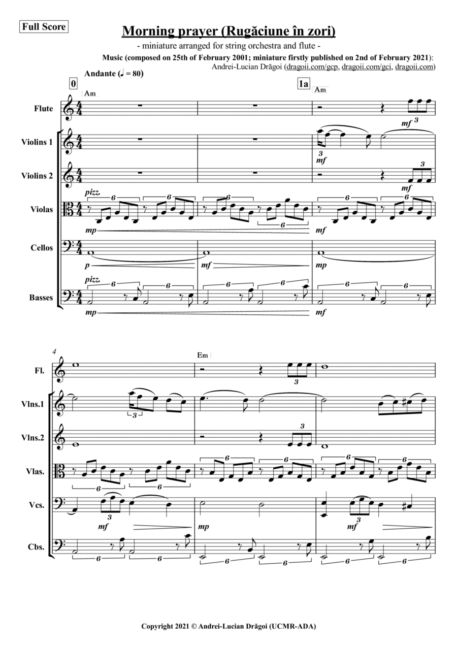 Morning prayer (Rugaciune în zori) - miniature arranged for string orchestra and flute