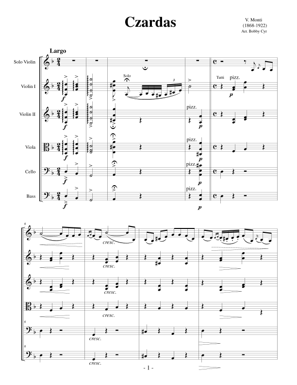 Czardas (Solo Violin & String Quintet or Quartet) Scores & Parts (arr. Bobby Cyr)