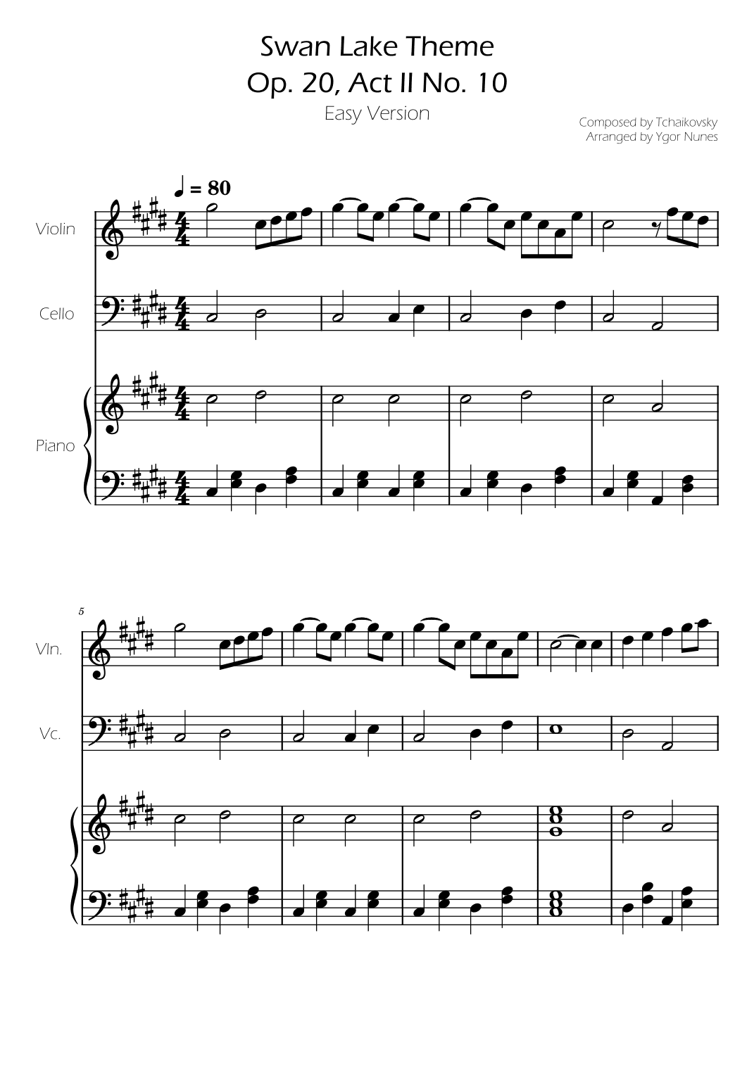 Swan Lake (theme) - Tchaikovsky - Cello and Violin Duet w/ Piano Accompaniment (arr. Ygor Nunes)
