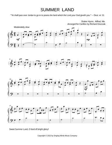 SUMMER LAND -- Sweet Summer Land, O land of bright glory! (Shaker hymn) (arr. Richard Giszczak)