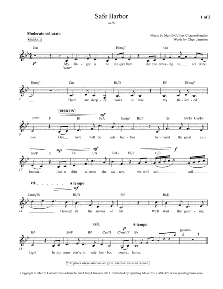Safe Harbor, vocal piano lead sheet in Bb