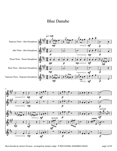 Blue Danube by Strauss for Saxophone Quartet in Schools (arr. Joseph Judge)
