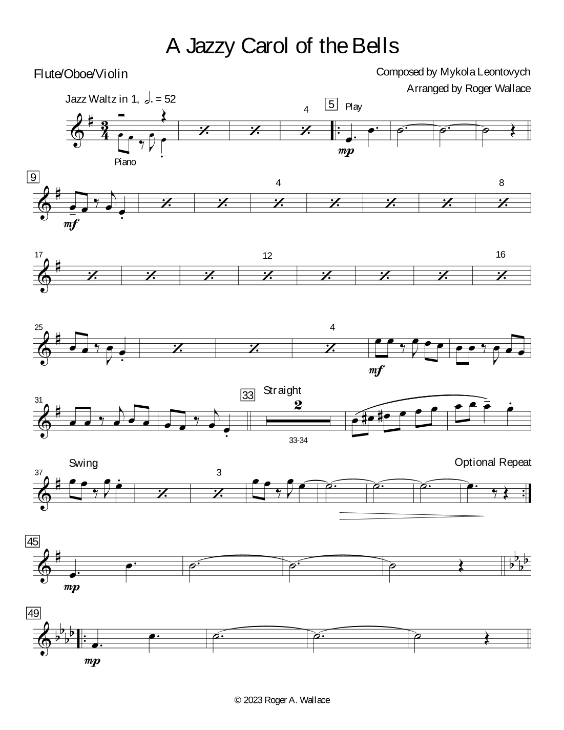 Carol of the Bells (Jazz Waltz for Vibraphone & Piano) (arr. Roger Wallace)