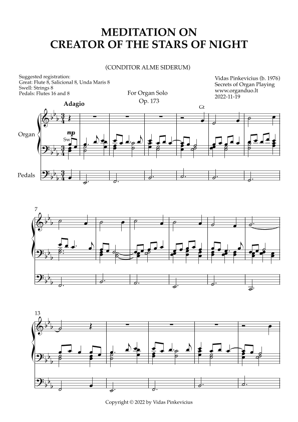 Meditation on Creator of the Stars of Night, Op. 173 (Organ Solo) by Vidas Pinkevicius