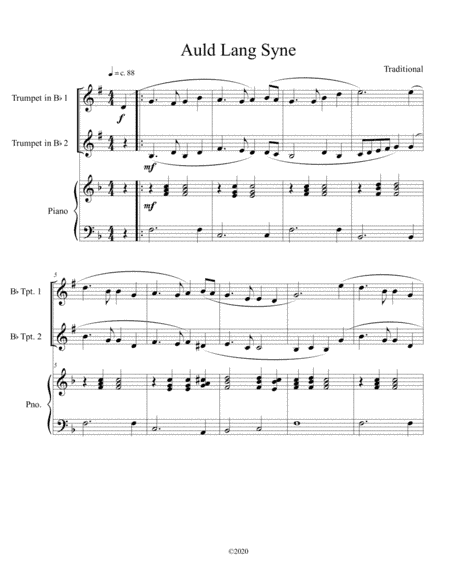 Auld Lang Syne (trumpet duet) with optional piano accompaniment (arr. B. C. Dockery)