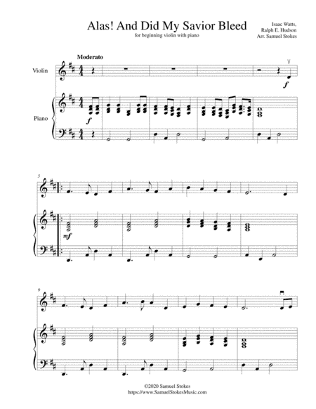 Alas! And Did My Savior Bleed (At the Cross) - for beginning violin with optional piano accompanimen (arr. Samuel Stokes)