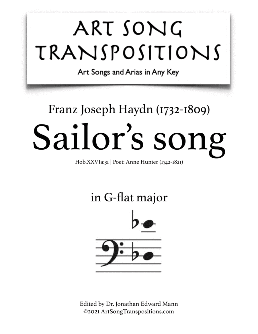 HAYDN: Sailor's Song (transposed to G-flat major, bass clef) (arr. ArtSongTranspositions.com)