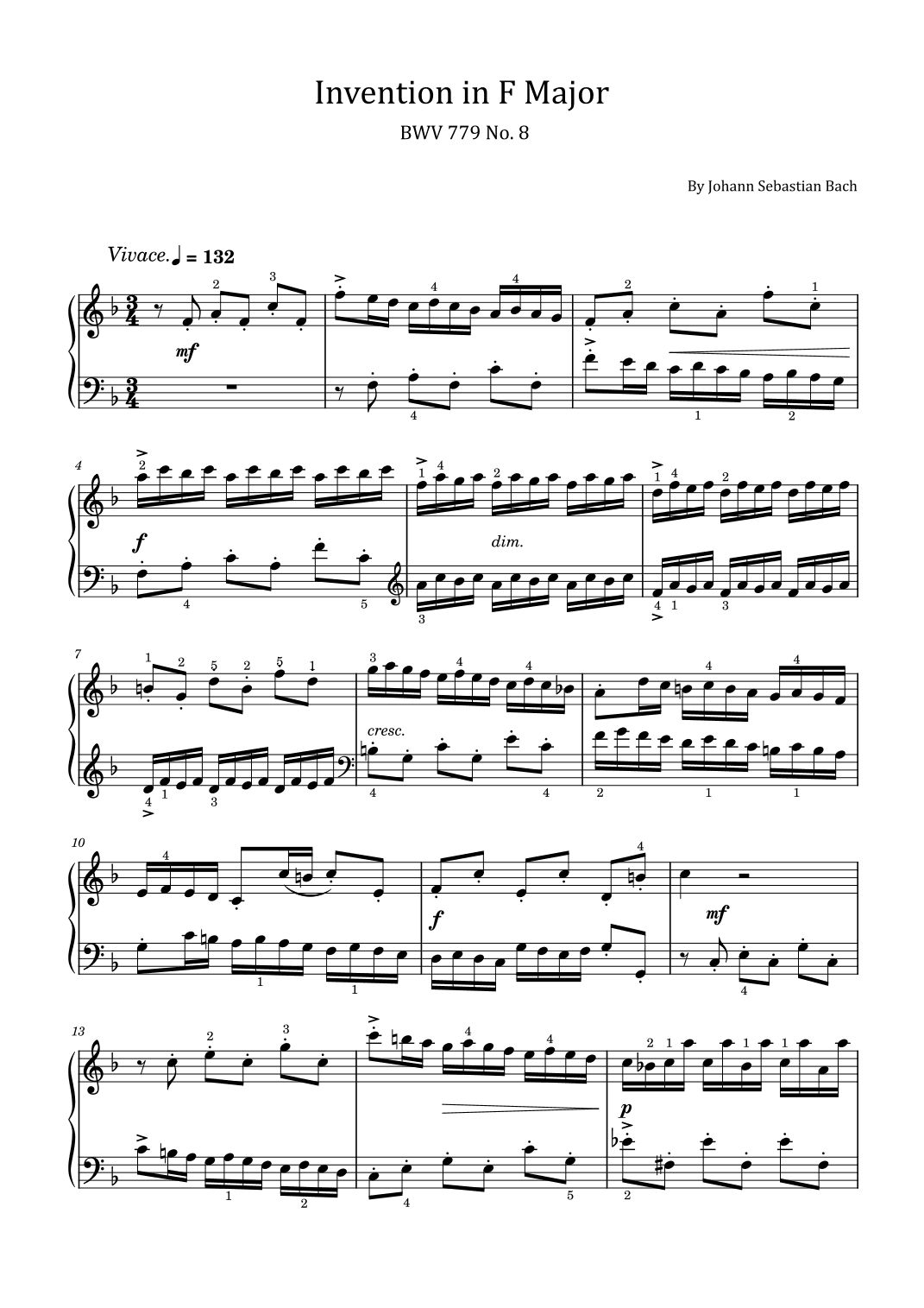 Bach - Invention No.8 in F Major, BWV 779 - Original With Fingered For Piano Solo (arr. poon)