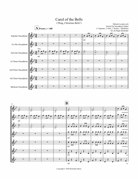 Carol of the Bells (F min) (Saxophone Septet - 1 Sop, 2 Alto, 3 Ten, 1 Bari) (arr. Regis Bookshar)