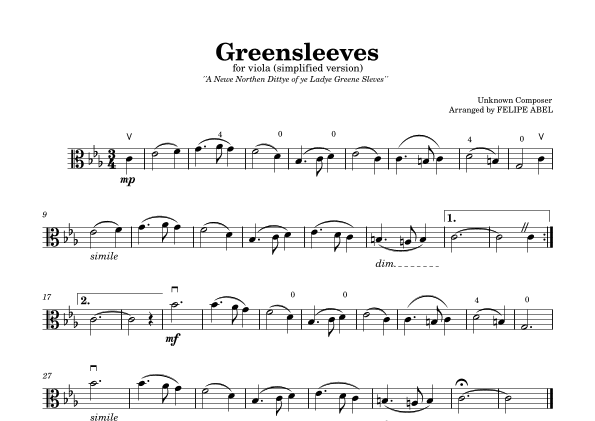 Greensleeves for Viola (Simplified Version) (arr. Felipe Abel)