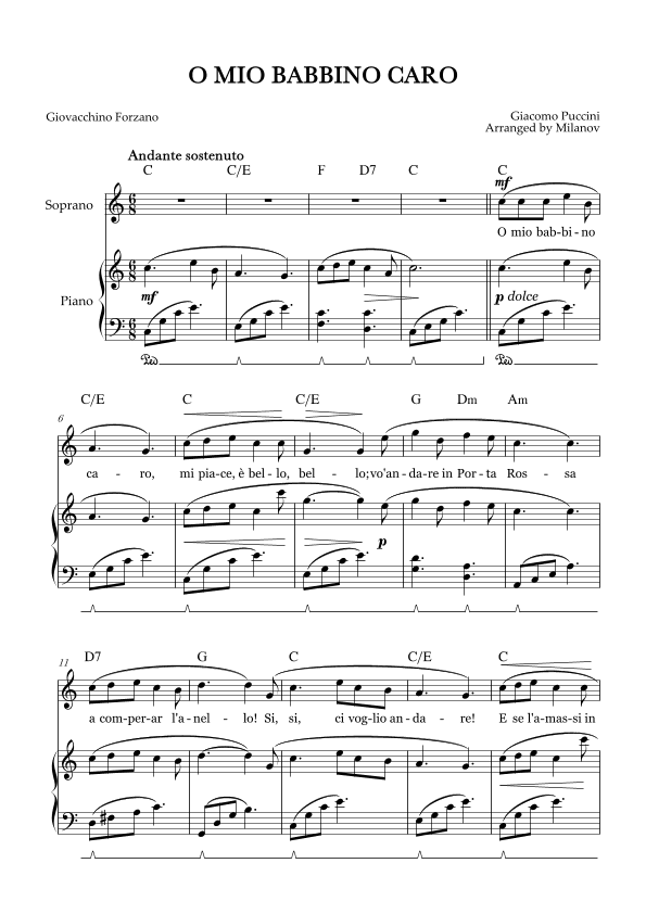 O Mio Babbino Caro | Female Voice Soprano | C Major | Piano accompaniment | Pedal | Chords (arr. Milanov)