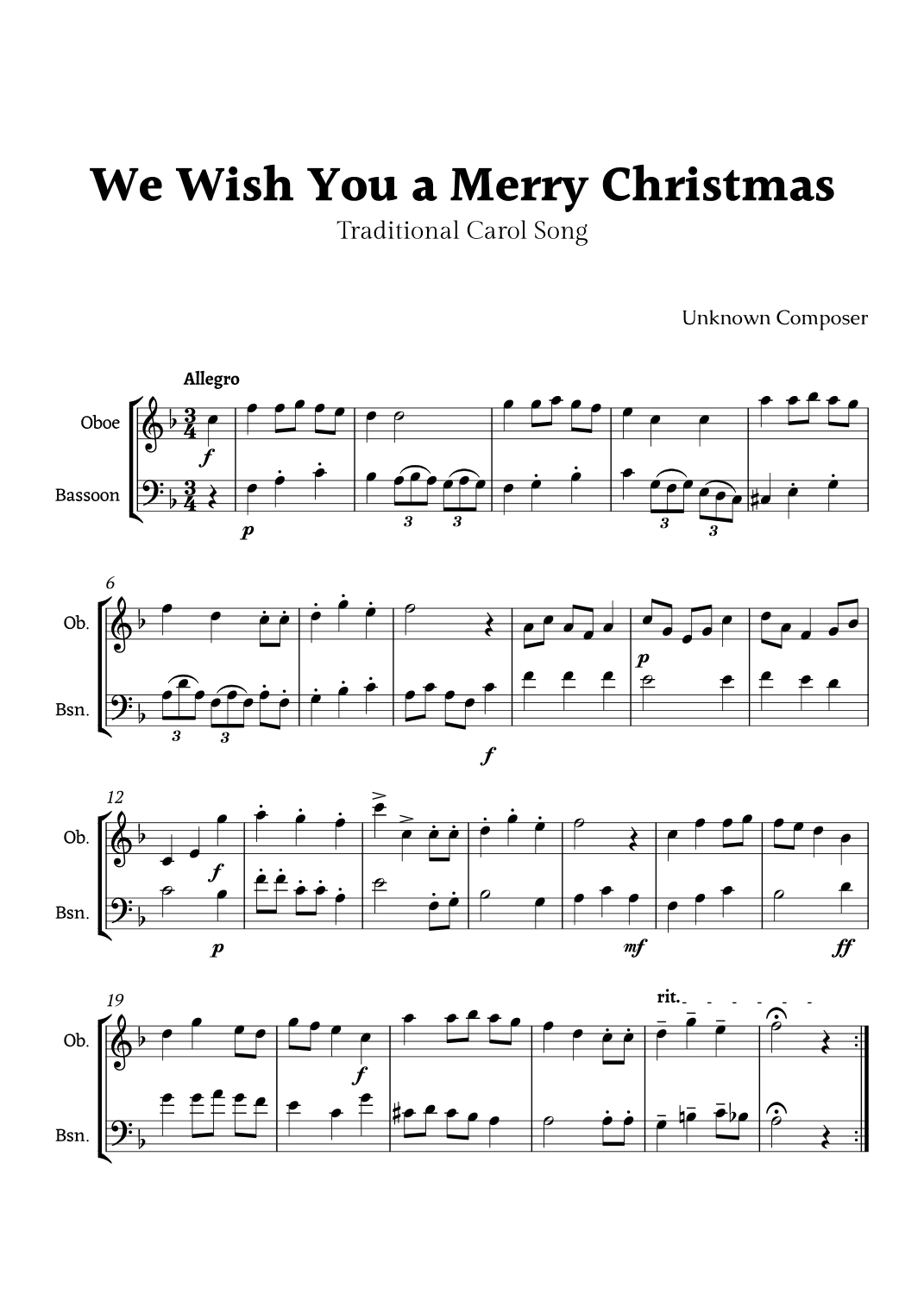 We Wish you a Merry Christmas for Clarinet and Bassoon Duet (arr. Rika K.)