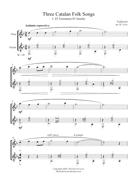 Three Catalan Folk Songs (Flute and Guitar) - Score and Parts (arr. K. Love)