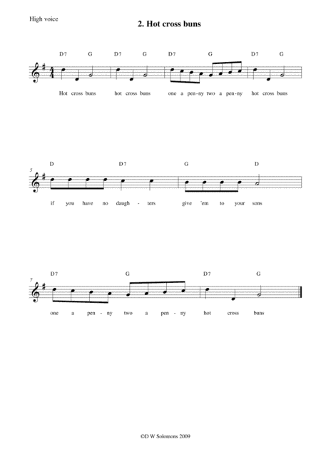 Hot cross buns arranged for high voice, medium voice or low voice with guitar chord accompaniments (arr. David Warin Solomons)