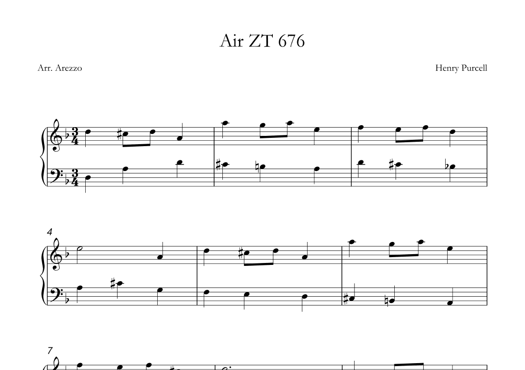 Purcell's Air in ZT 676 Sheet Music for piano (arr. Arezzo Music)