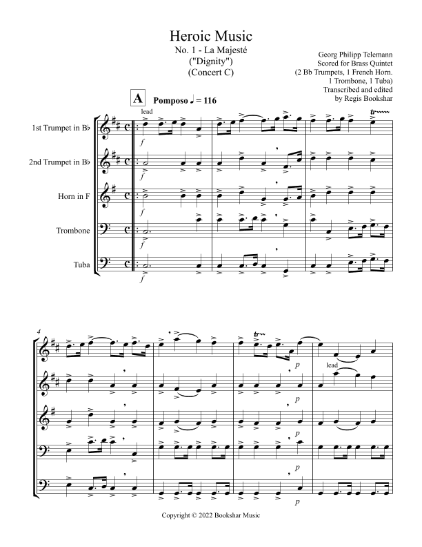Heroic Music - No.   1. La Majeste (C) (Brass Quintet - 2 Trp, 1 Hrn, 1 Trb, 1 Tuba) (arr. Regis Bookshar)