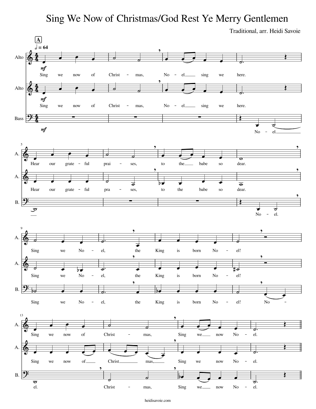 Carol Medley: Sing We Now Of Christmas, God Rest Ye Merry Gentlemen for 3 voices (arr. Heidi Savoie)