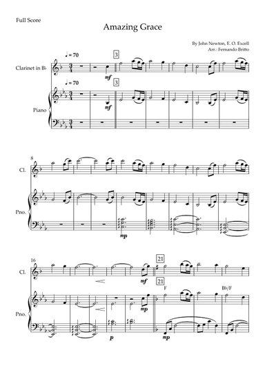 Amazing Grace for Clarinet Solo and Piano Accompaniment with Chords (arr. Fernando Britto)